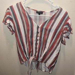 Striped button up crop top with tie at bottom